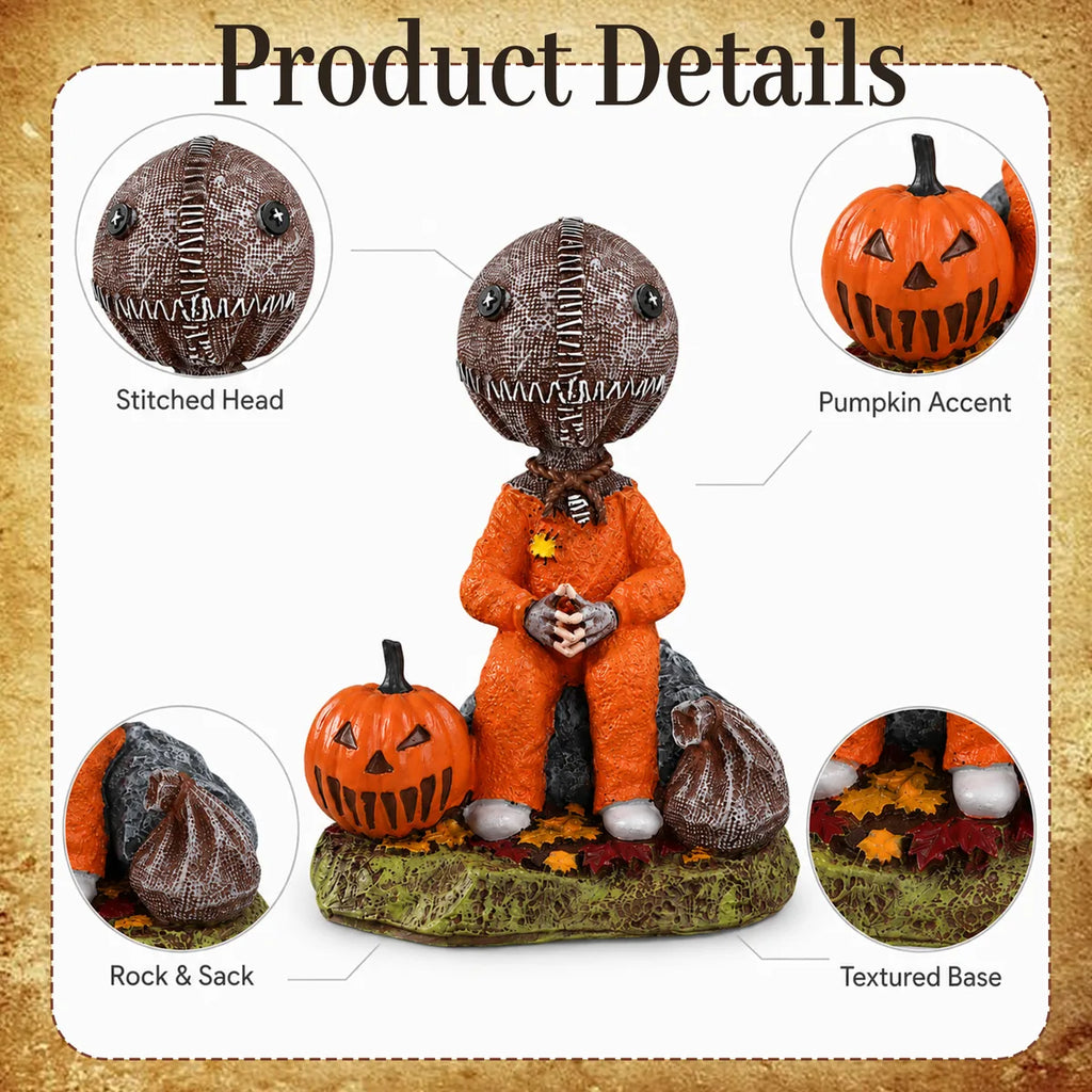 Detail graphic of the trick-or-treat child figurine highlights the stitched head, pumpkin, rock, sack, and textured base.