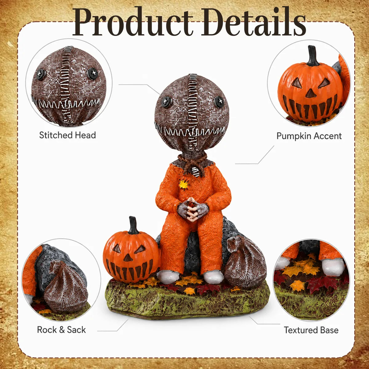 Detail graphic of the trick-or-treat child figurine highlights the stitched head, pumpkin, rock, sack, and textured base.