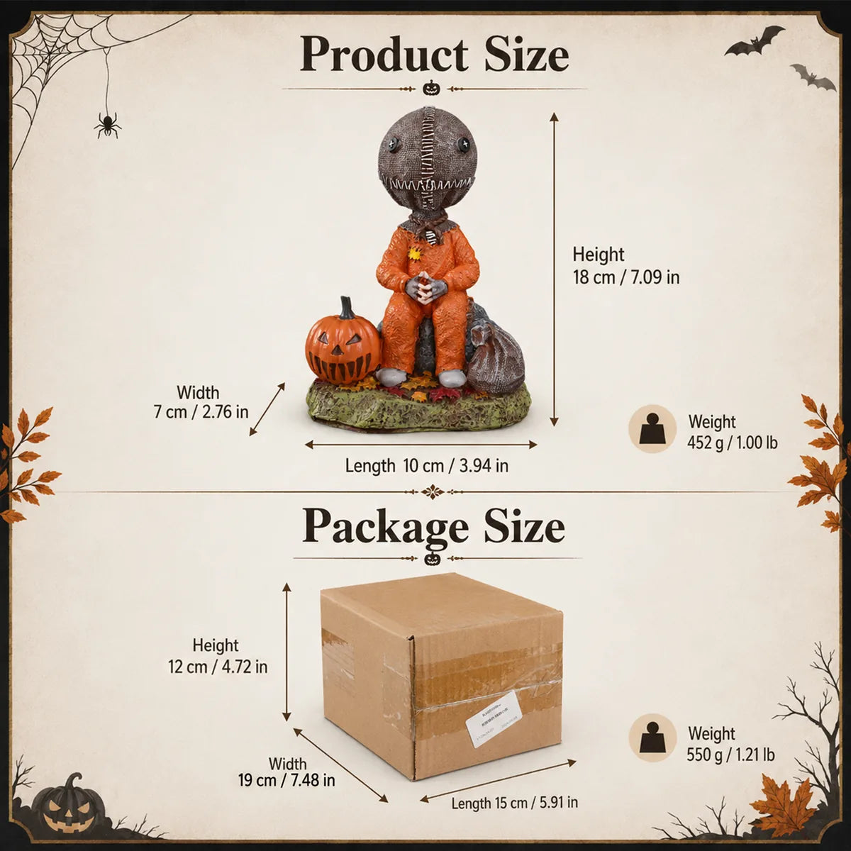 Dimension graphic shows the trick-or-treat figurine and package size and weight.