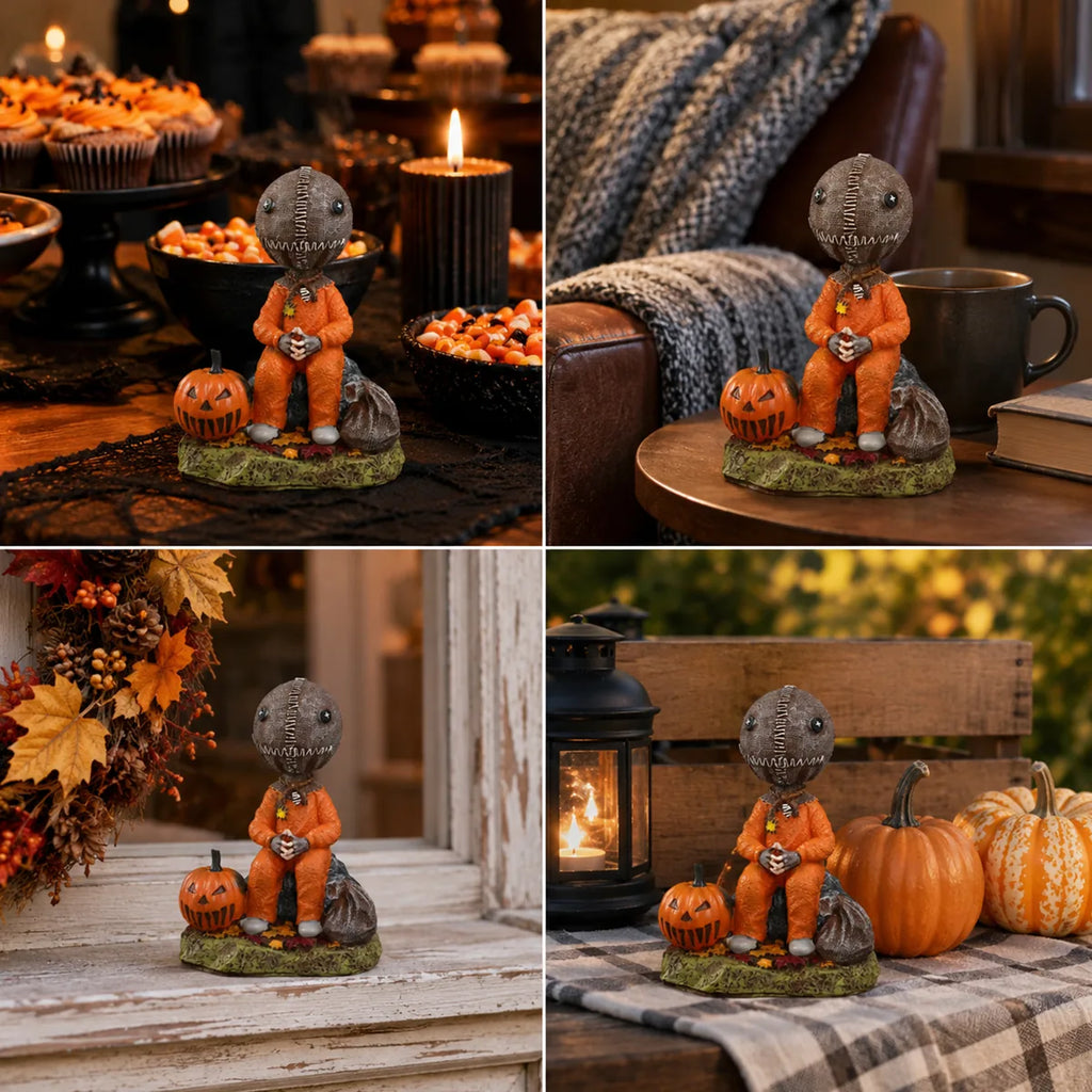 Trick-or-treat child figurine shown across several indoor autumn and Halloween displays.