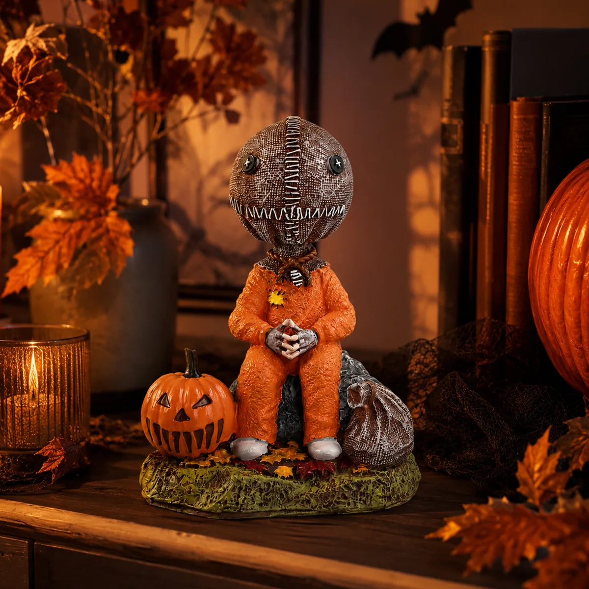 Trick-or-treat child figurine displayed beside candles, pumpkins, books, and seasonal decor.
