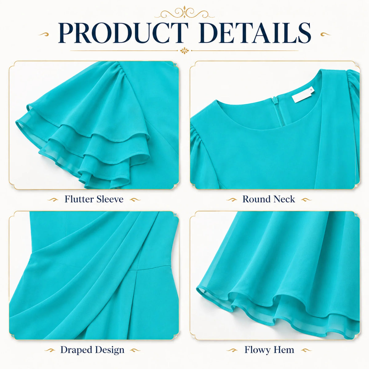 Draped design details of the turquoise Statue of Liberty gown