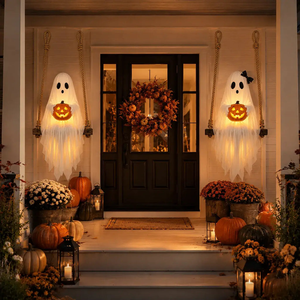 Two lighted ghost swings with glowing pumpkins for Halloween front porch decor