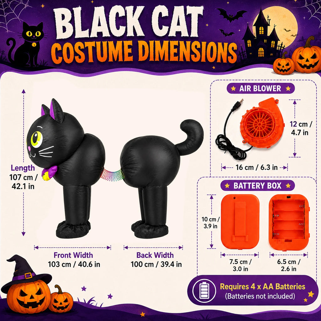 Measurements appear beside the black cat inflatable costume, USB blower and four-AA battery box.