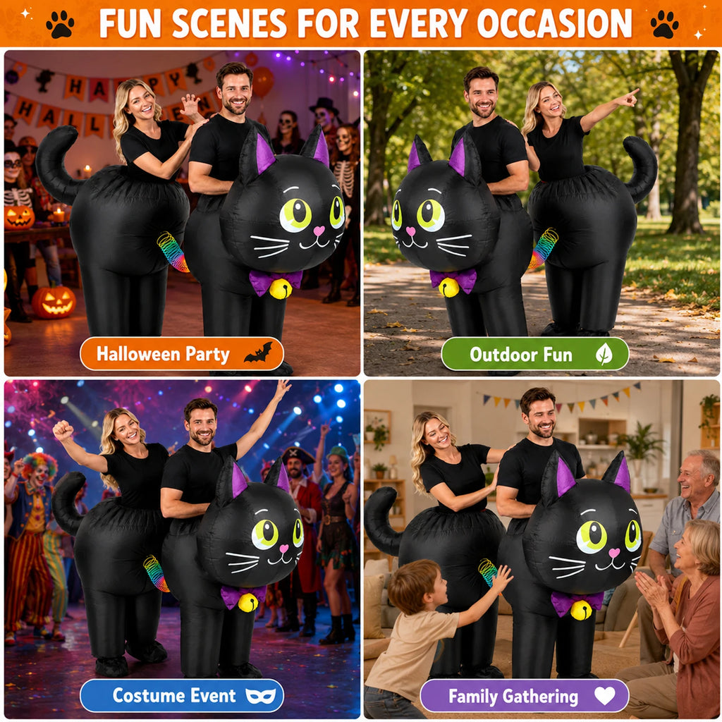 The black cat inflatable duo costume is shown for Halloween, family and outdoor costume events.