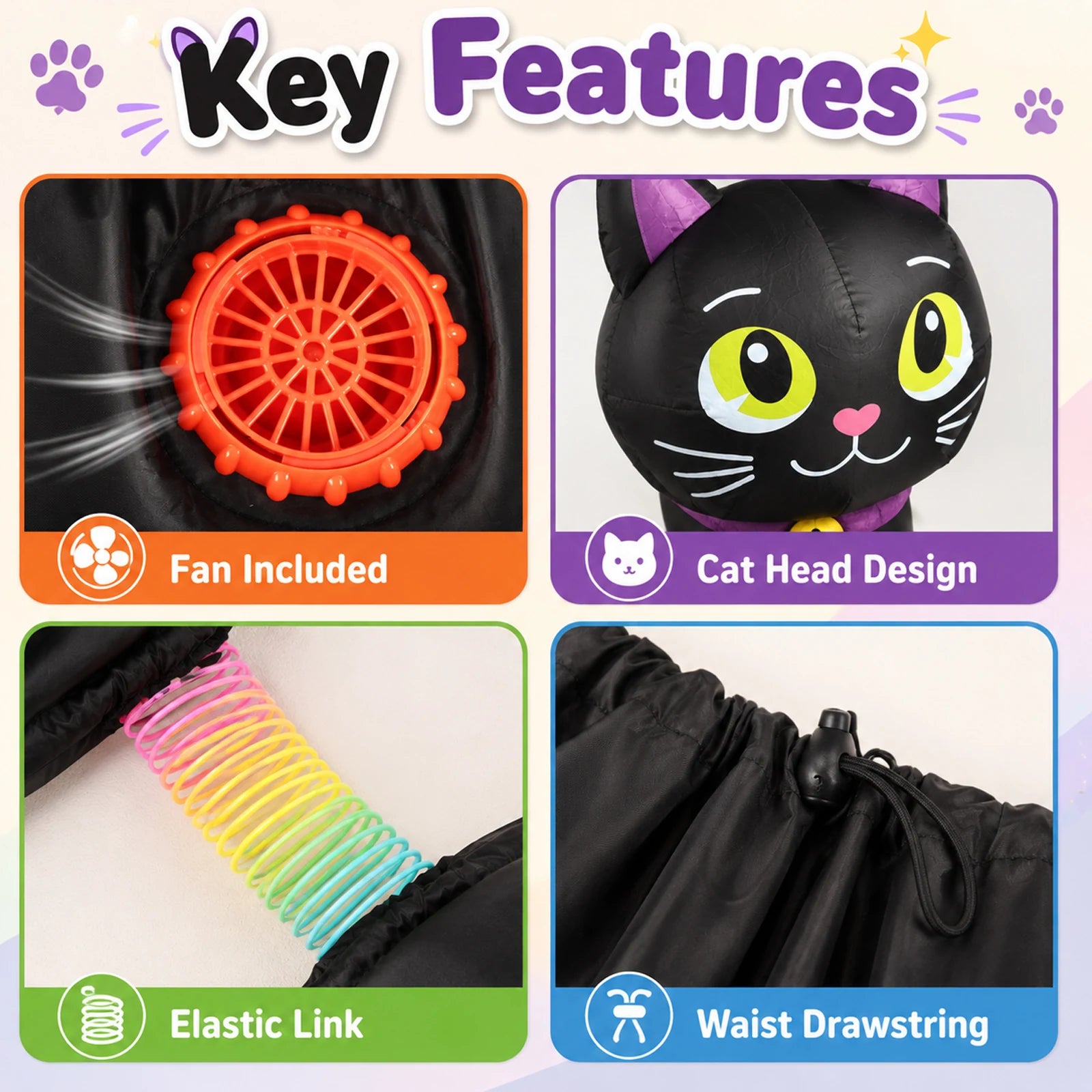 Close-ups show the built-in fan, waist drawstring and rainbow elastic link on the black cat costume.