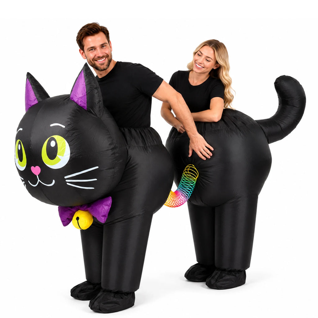 The two-person black cat inflatable costume faces forward with both cat heads and rainbow link visible.
