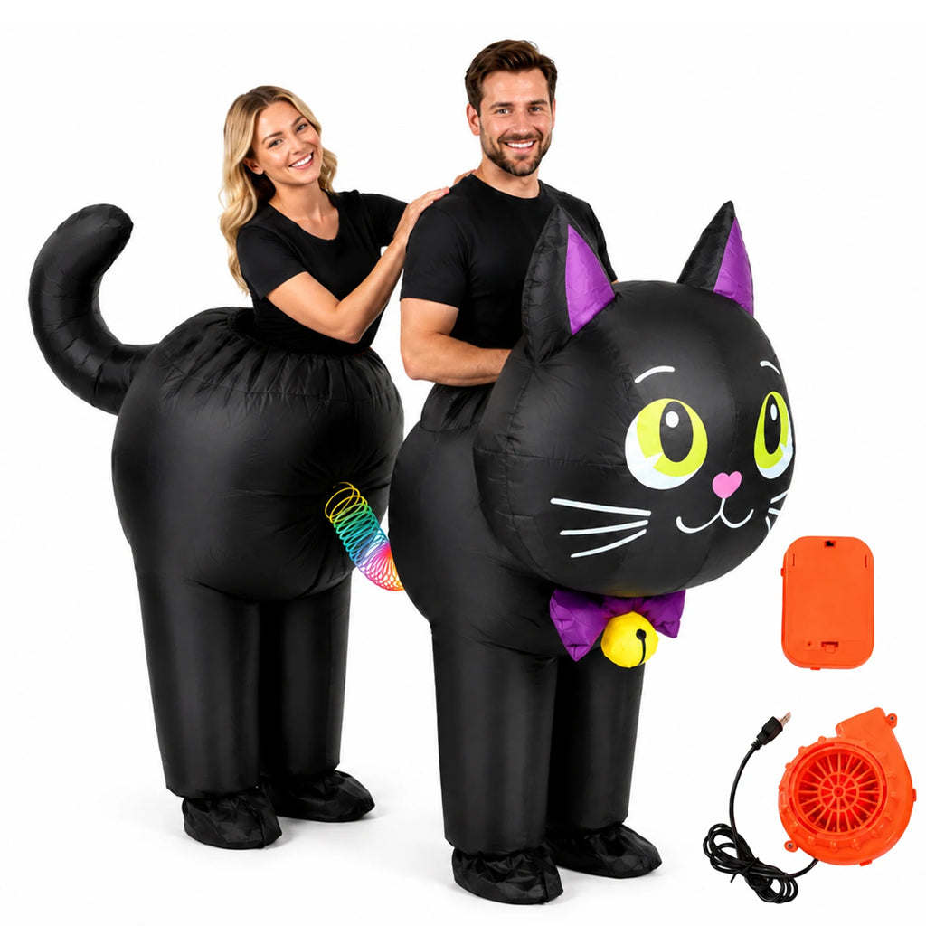 Two adults wear the linked black cat inflatable costume with rainbow connector centered between them.