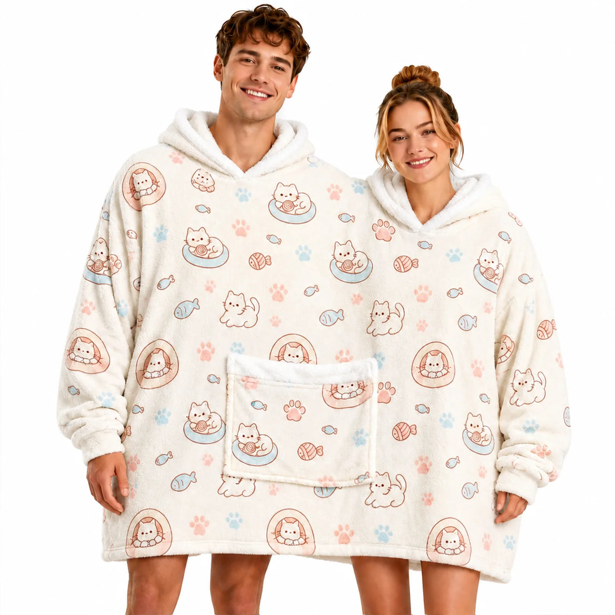 Two-person cat print oversized hoodie blanket laid flat showing the shared body and two hoods.