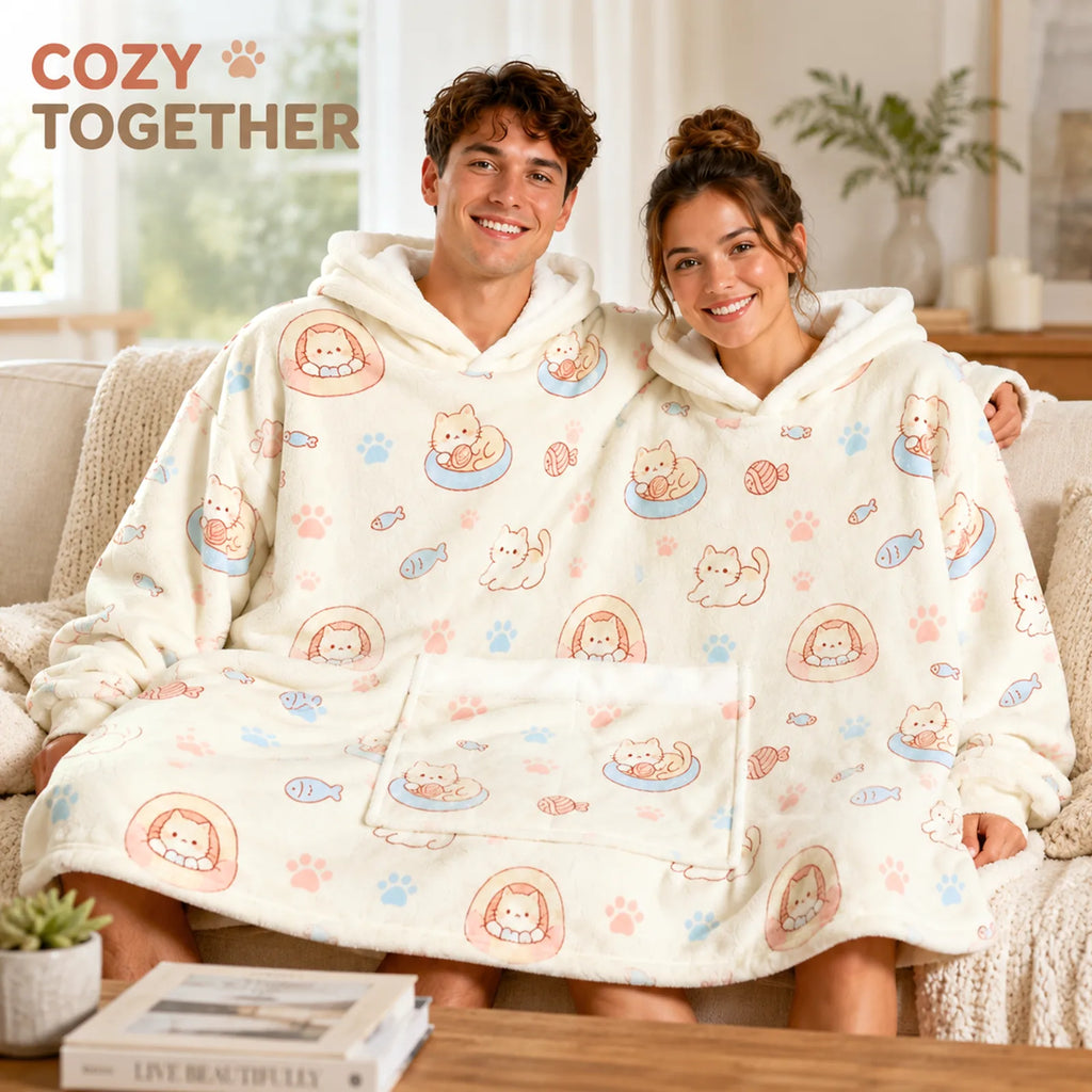 Two people sharing the cream cat print oversized hoodie blanket together on a couch, with a Cozy Together graphic.