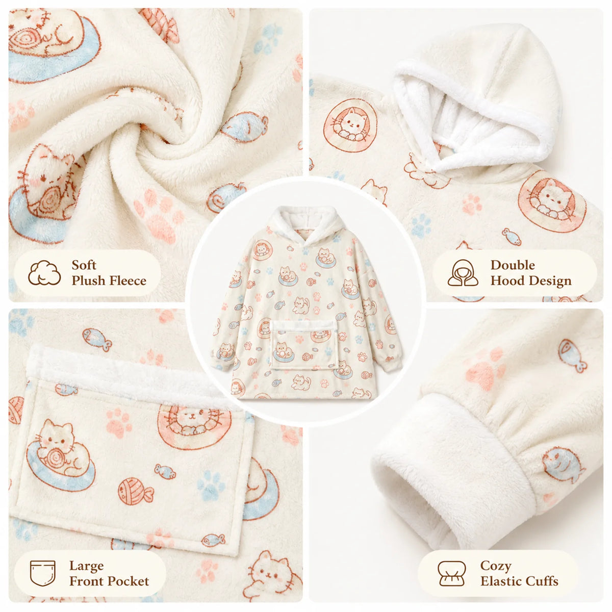 Close-up detail of the cat print fabric and stitching on the two-person hoodie blanket.