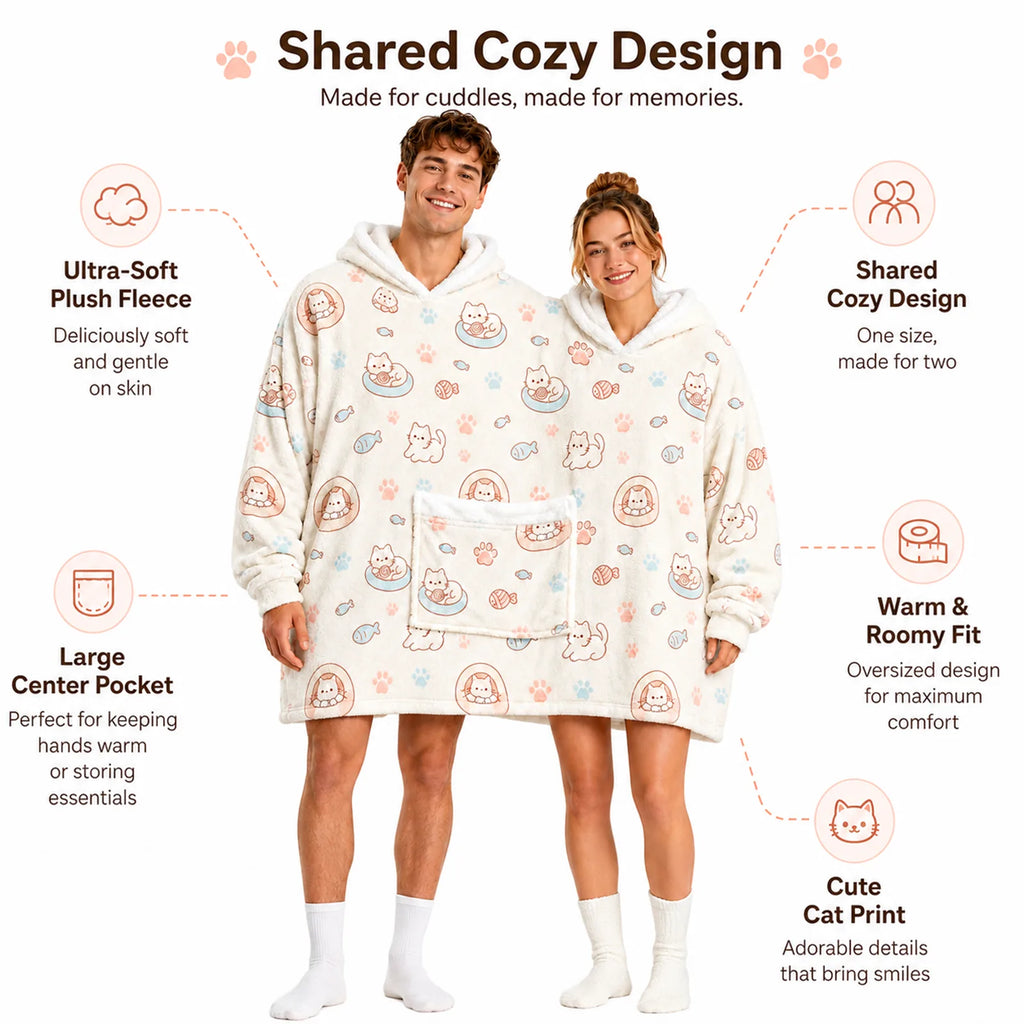 Feature callouts for the two-person cat oversized hoodie blanket highlighting hoods, sleeves and pocket.