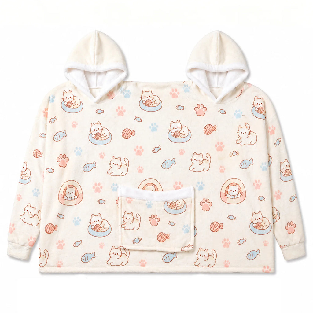 Front view of the two-person cat oversized hoodie blanket showing the shared front pocket.