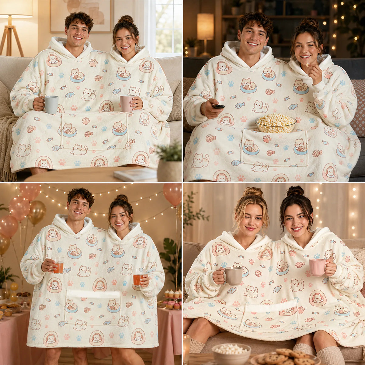 Collage of two people wearing the cat print two-person hoodie blanket while relaxing with drinks, snacks and at a small gathering.