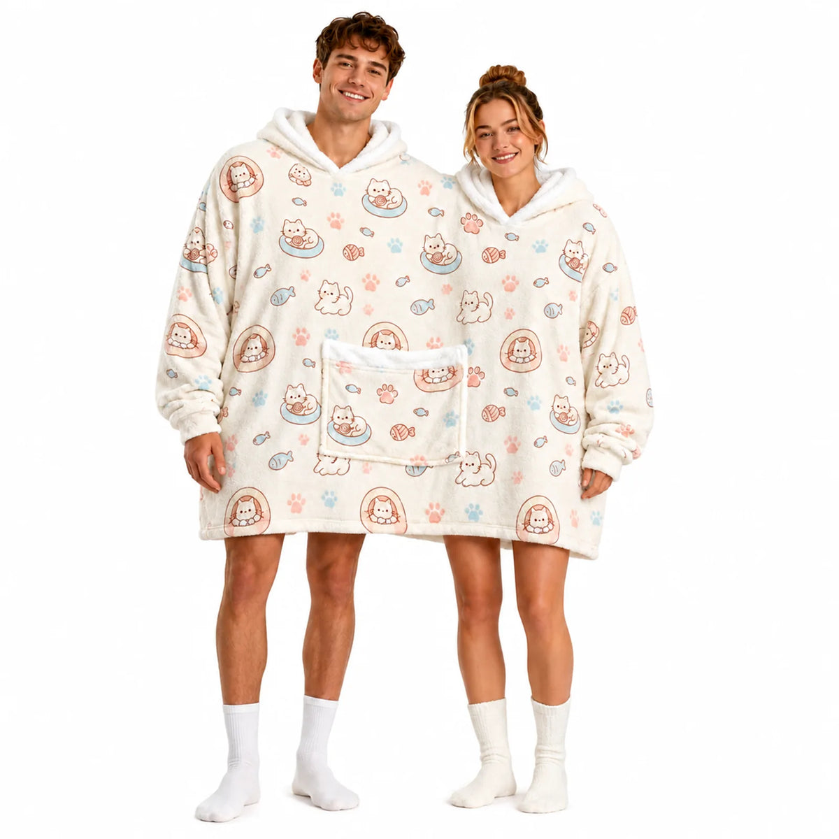 Side view of two people wearing the shared cat print hoodie blanket together.