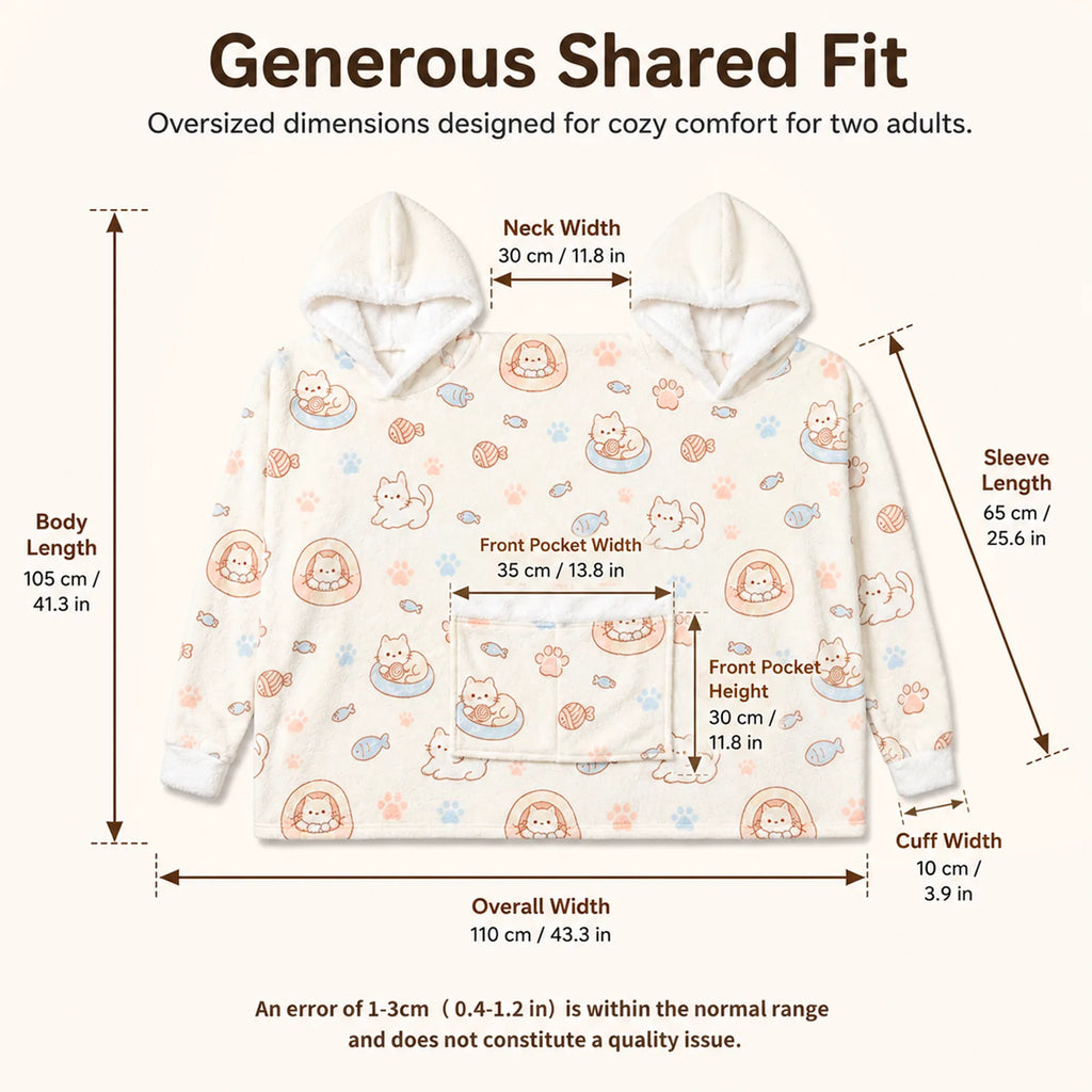 Size chart and measurements for the two-person cat oversized hoodie blanket, One Size.