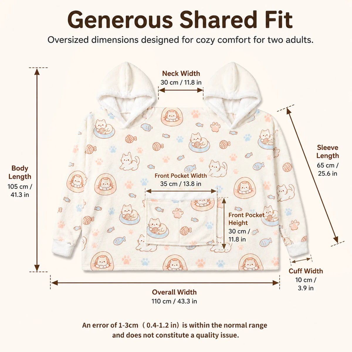 Size chart and measurements for the two-person cat oversized hoodie blanket, One Size.