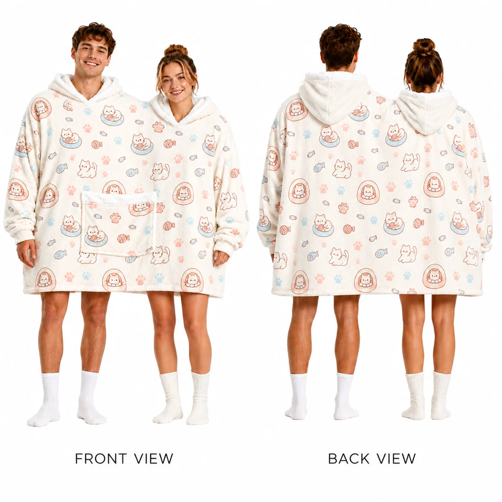 Multiple views of the two-person cat oversized hoodie blanket showing hoods, sleeves and pocket.