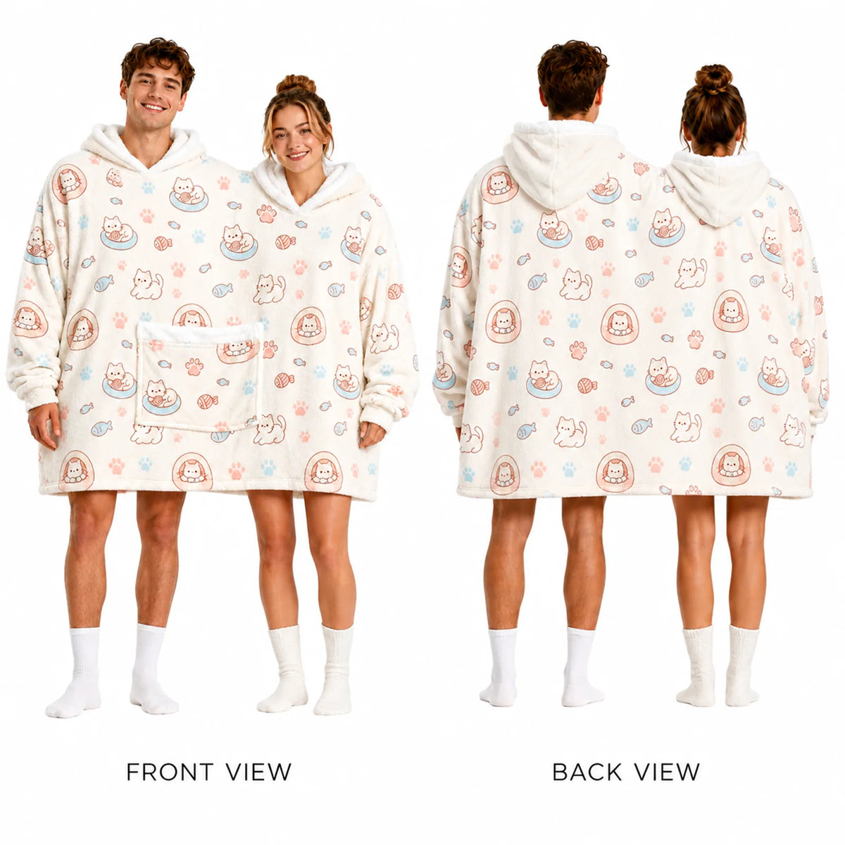 Multiple views of the two-person cat oversized hoodie blanket showing hoods, sleeves and pocket.
