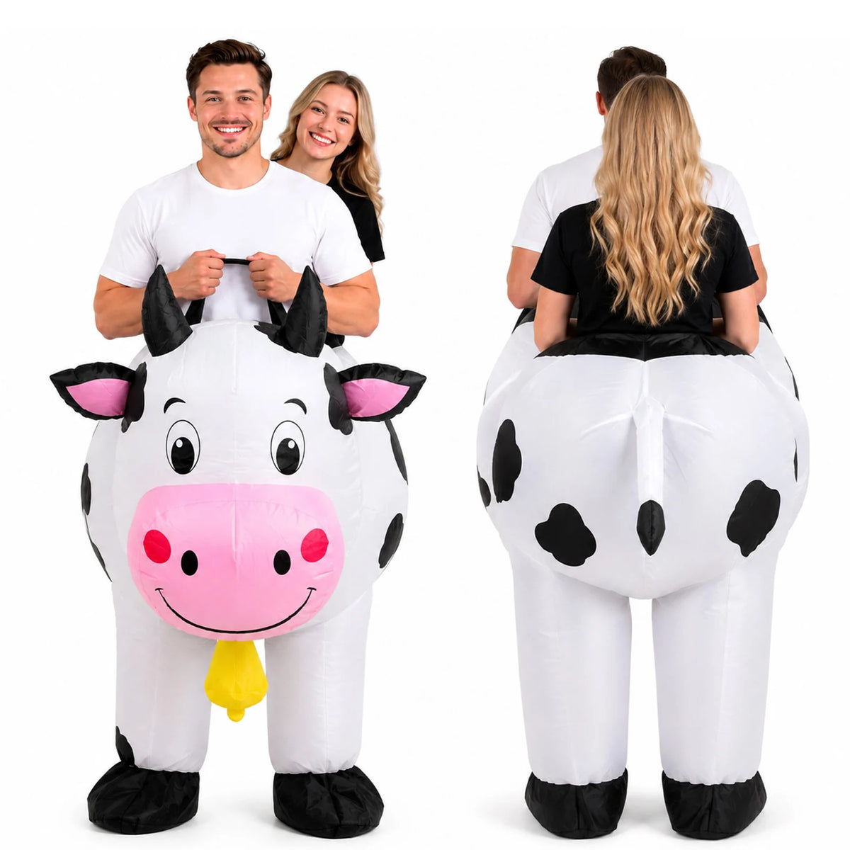 Front and back views show the cow face, spotted body and rear tail
