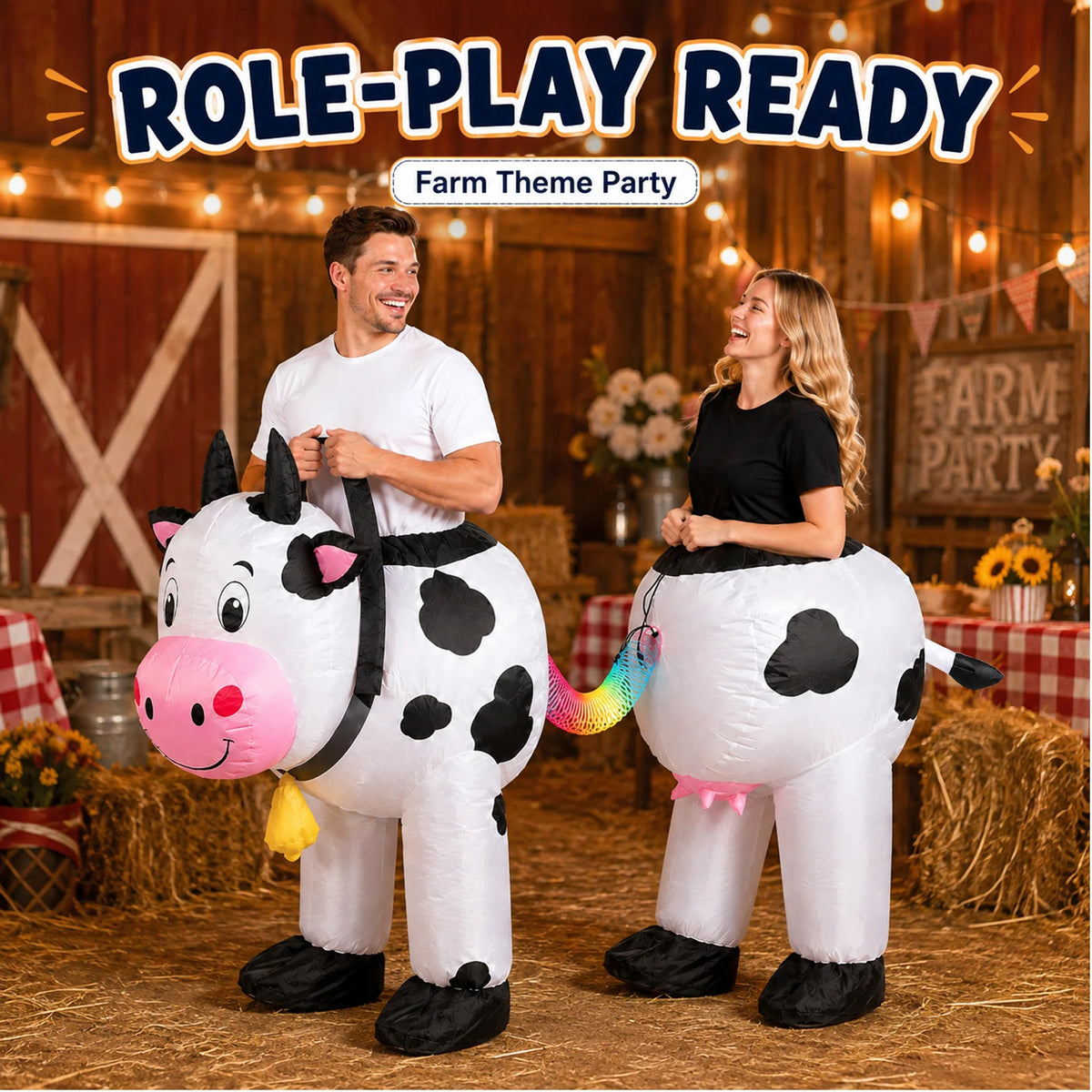 Cow costume diagram shows both wearable sections, battery box and external fan