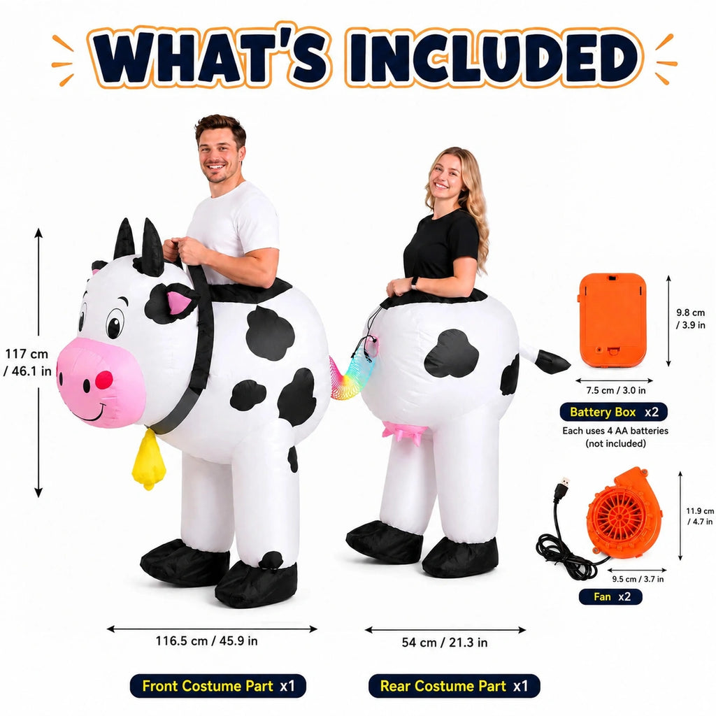Two-person cow costume contents and measurements, with two fans and two battery boxes; batteries not included.