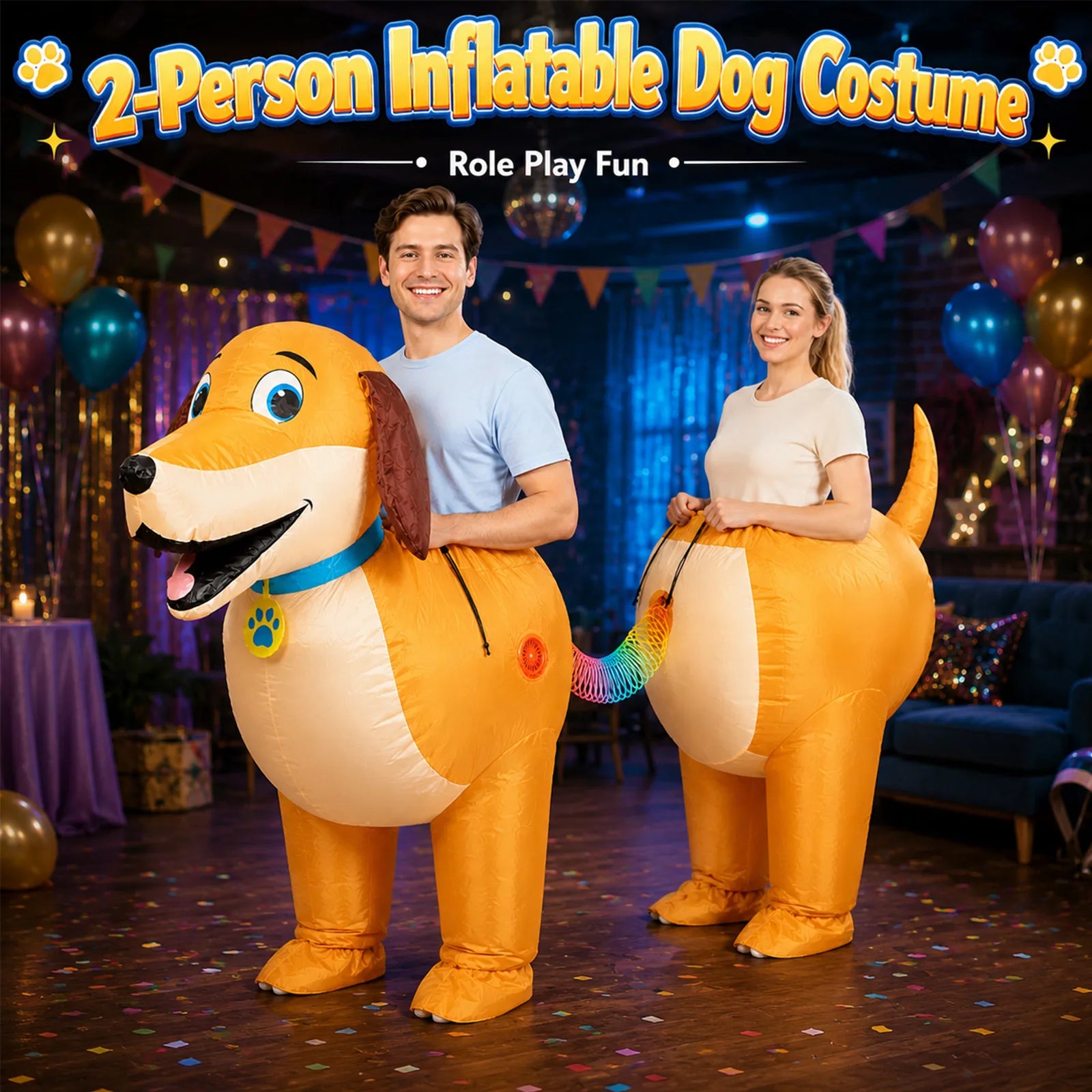 A pair wears the linked dachshund costume in a party room decorated with balloons.