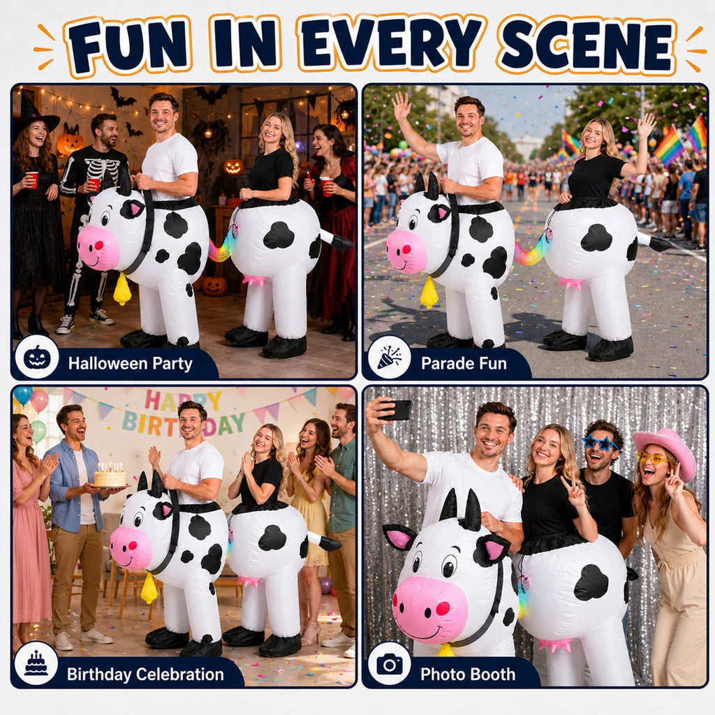 Two adults wear the inflatable cow costume at farm, Halloween, parade and birthday events