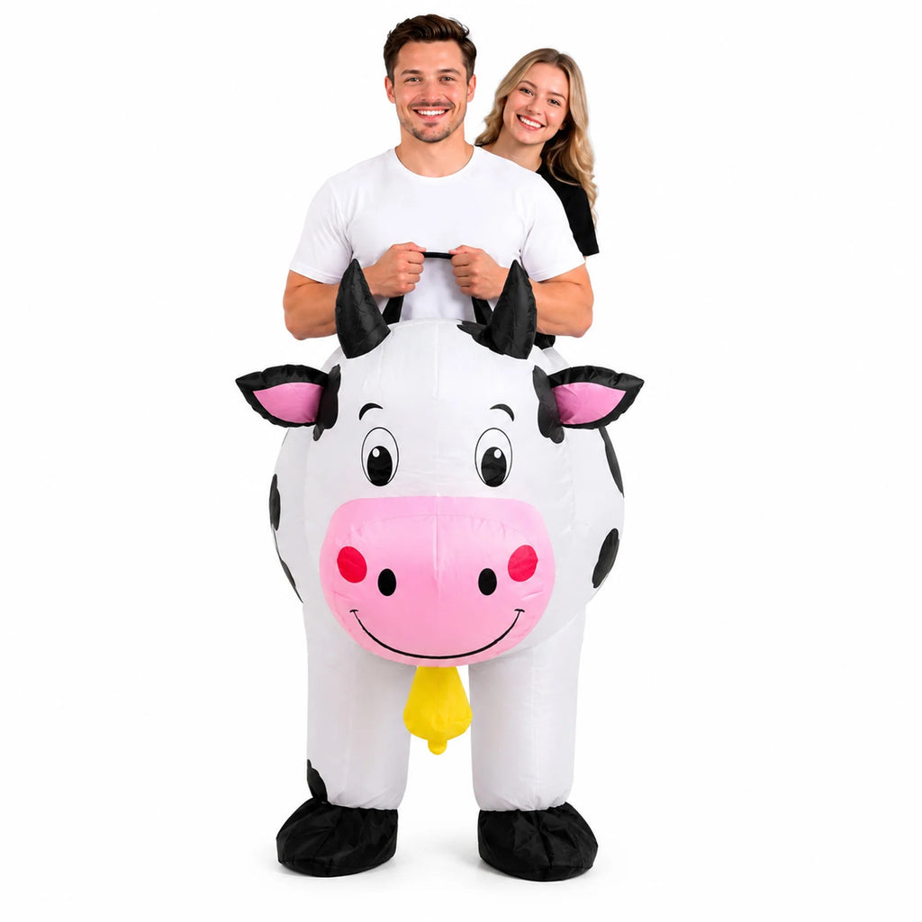 Two adults wearing the connected black and white inflatable cow costume