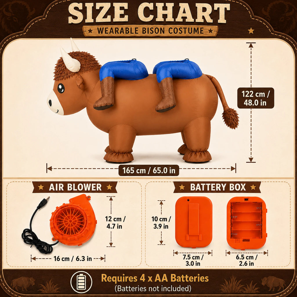 Two-person cow costume measurements appear beside the included USB blower and battery box.