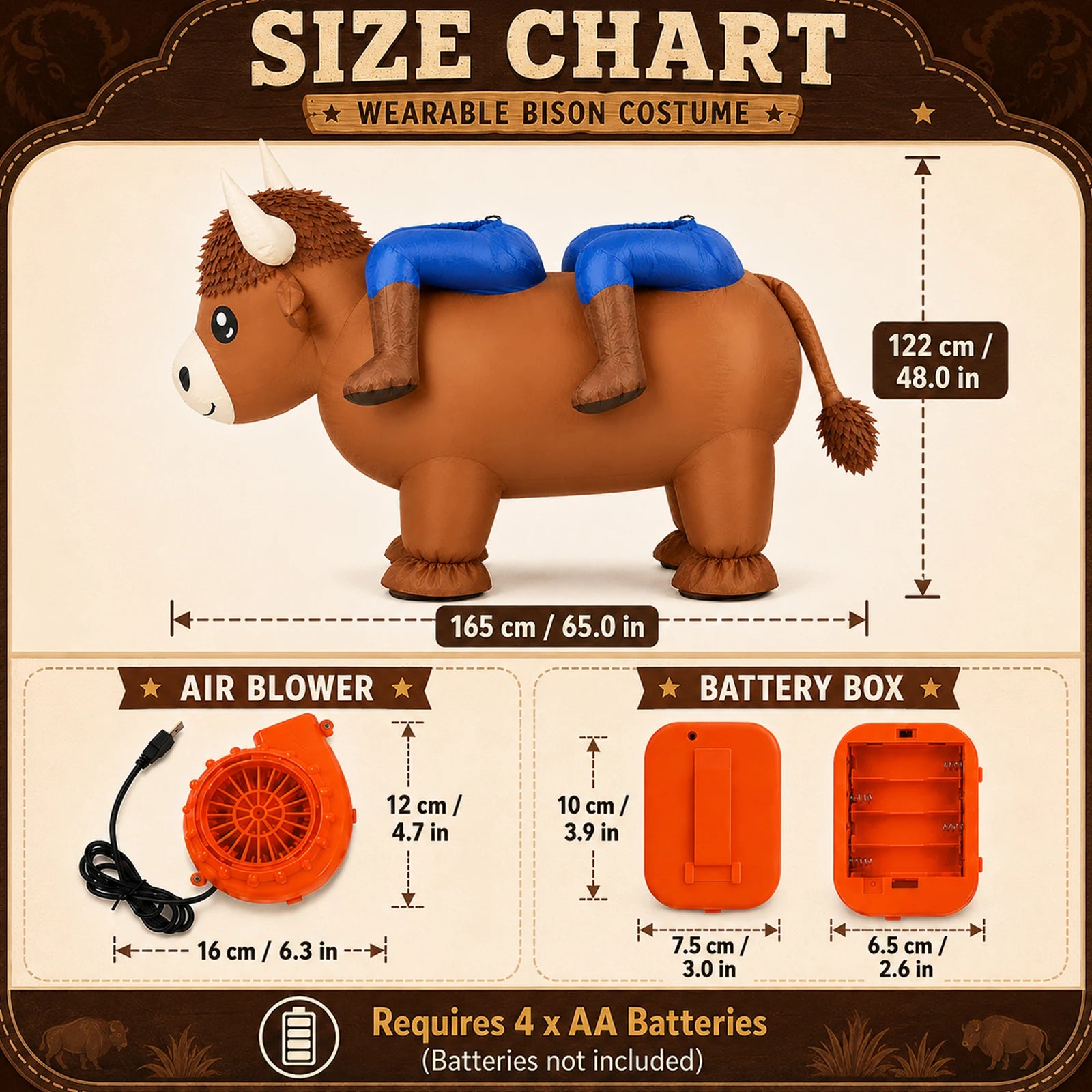 Two-person cow costume measurements appear beside the included USB blower and battery box.