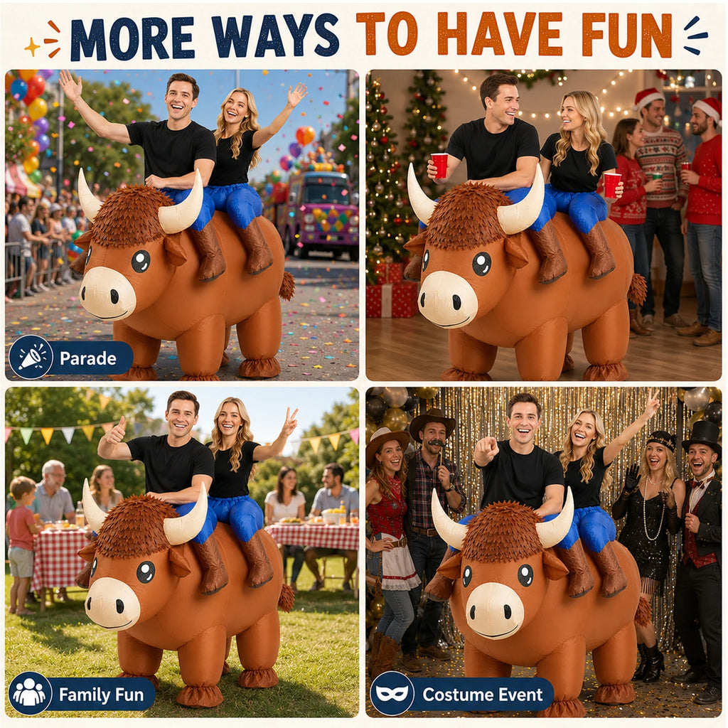 The two-person Highland cow costume is presented for parades, family gatherings and coordinated costume events.