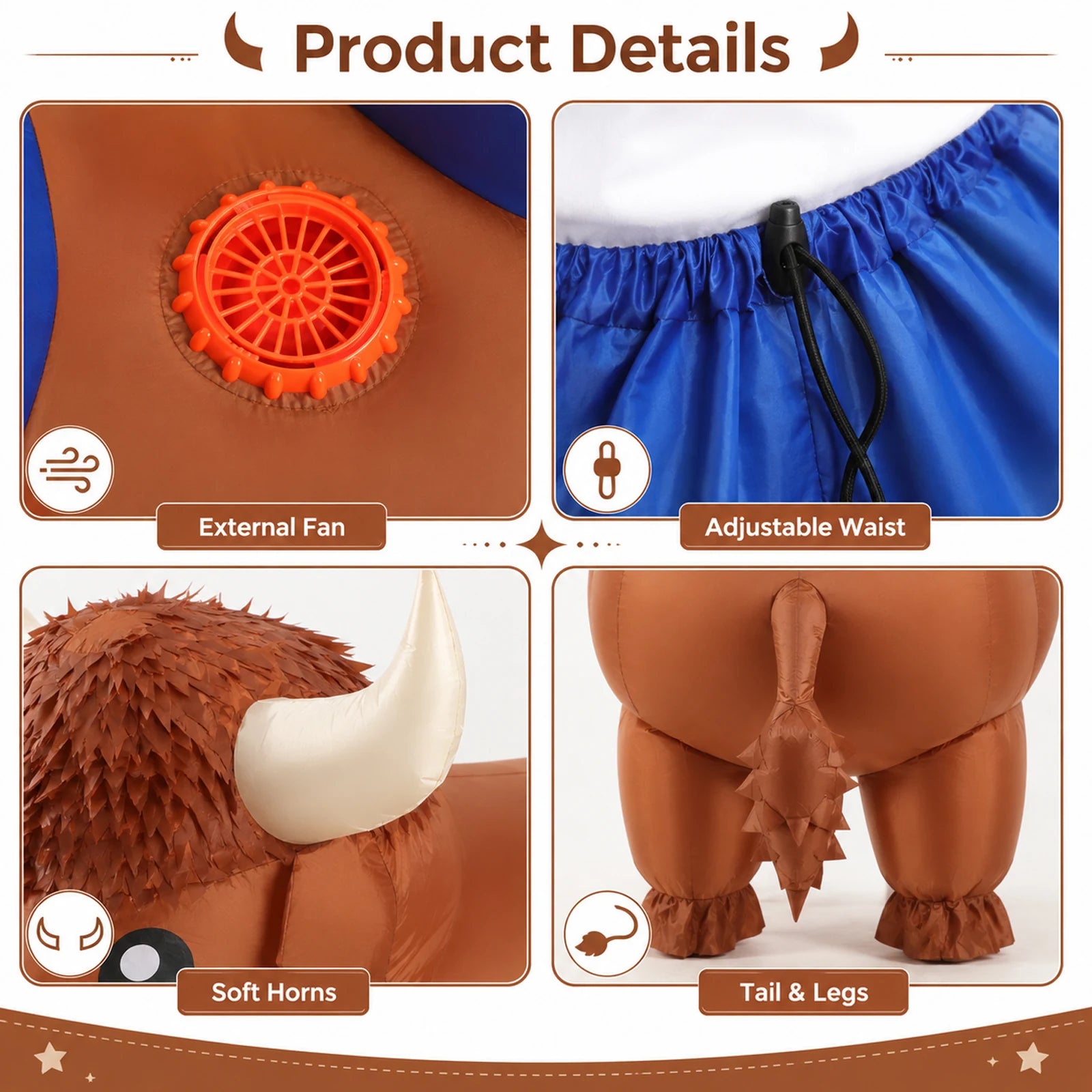 Detail panels show the external fan, adjustable waist, soft horns, tail and printed legs.