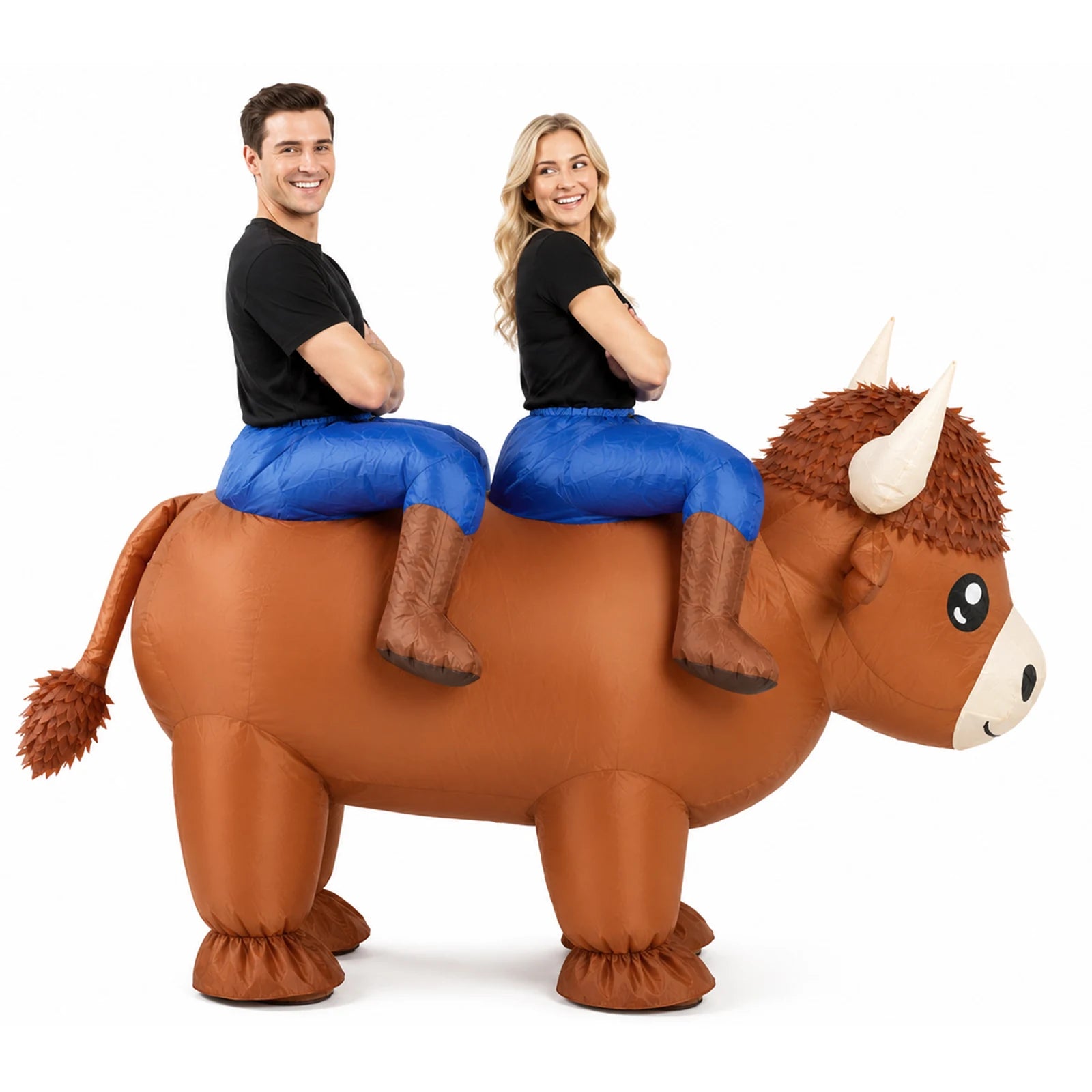 Front view shows both wearers inside the two-person Highland cow costume behind the horned head.