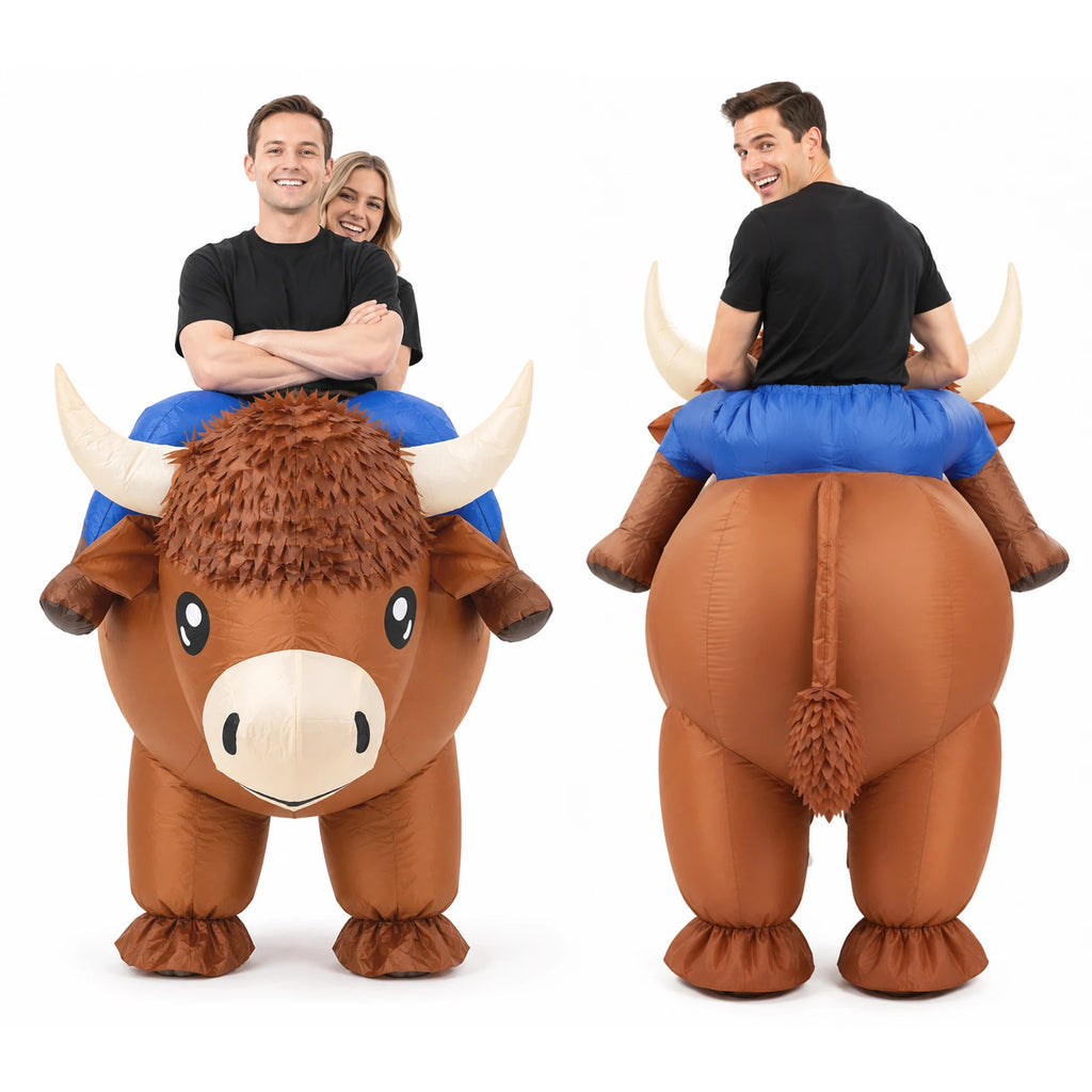 Front, side and rear comparisons show the complete two-person Highland cow costume proportions.