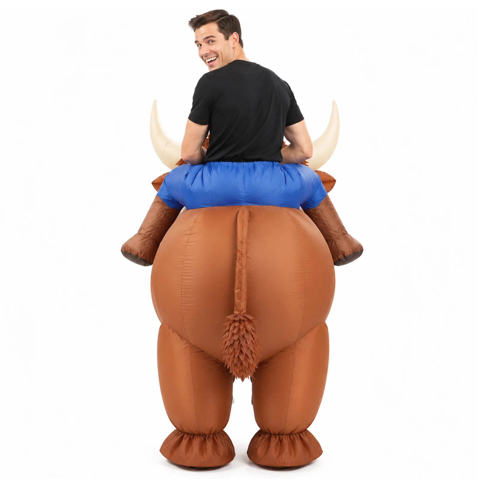 Side and rear views reveal the long cow body, four legs and raised tail behind both wearers.