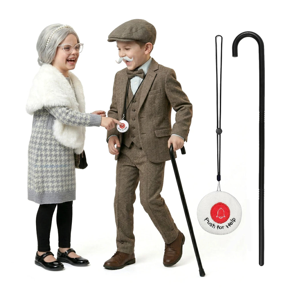 A clear product view presents a two-piece old lady costume accessories for kids, with the black cane and round push-for-help pendant clearly visible.