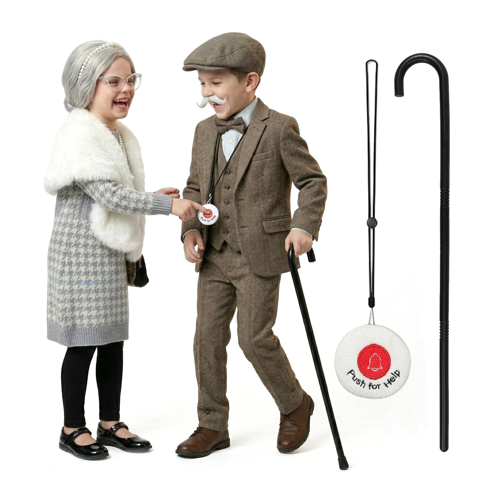 A clear product view presents a two-piece old lady costume accessories for kids, with the black cane and round push-for-help pendant clearly visible.