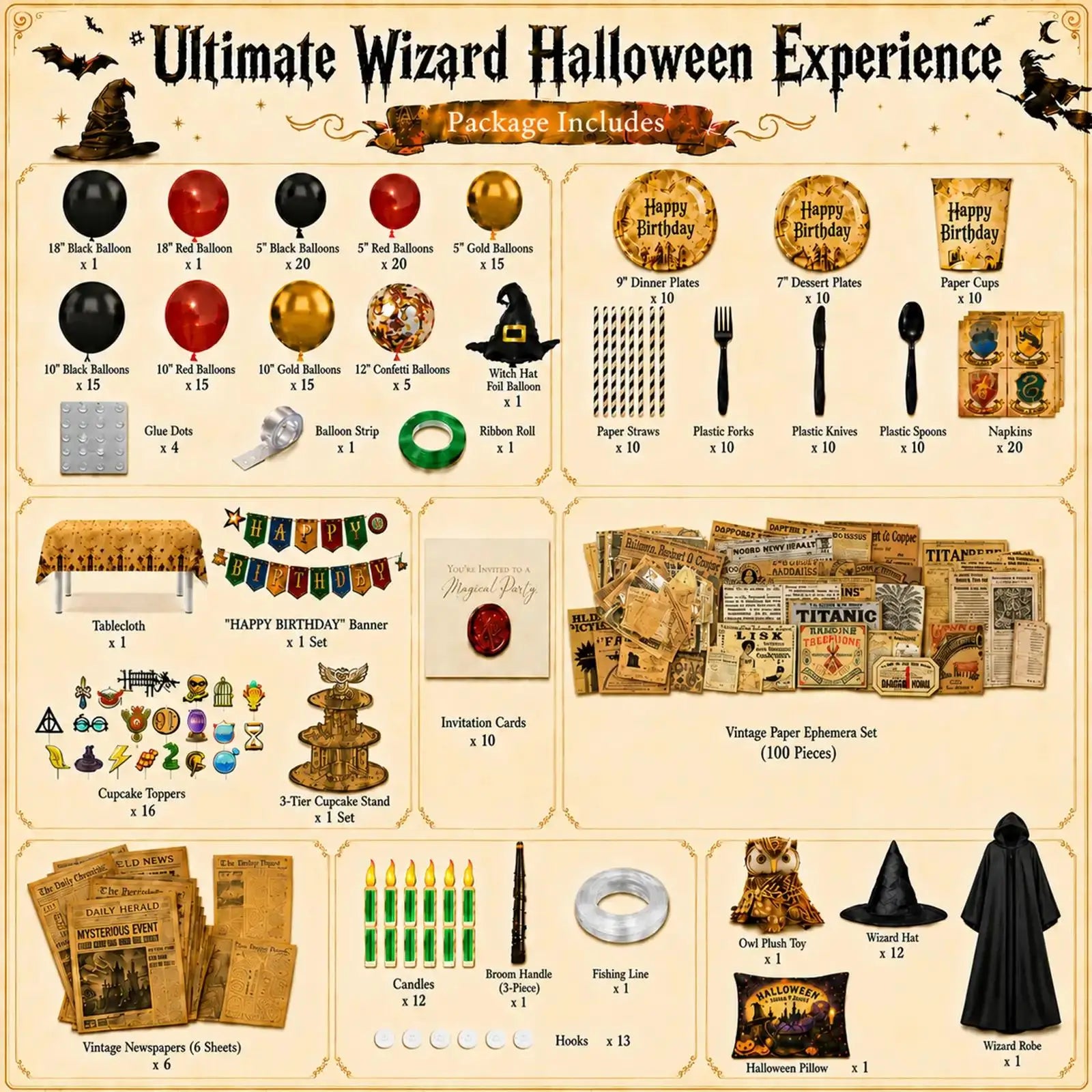 Ultimate wizard party set with balloons, tableware, gift boxes, favor bags, candles, cloak, hat and magic party decorations