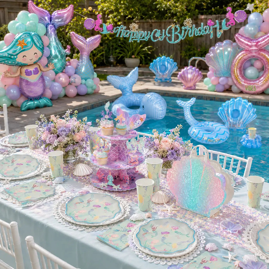 Under-the-sea mermaid pool party setup with tableware, cake stand, foil balloons, swim ring and floating drink holders