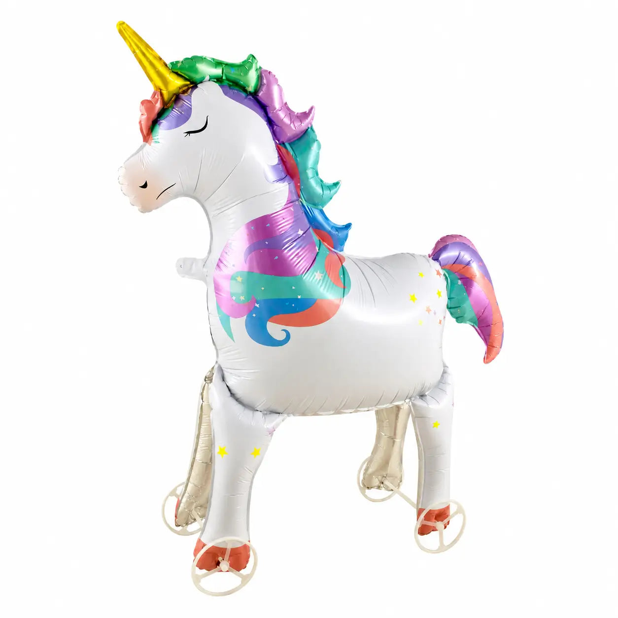 Rainbow unicorn walking balloon toy on white background