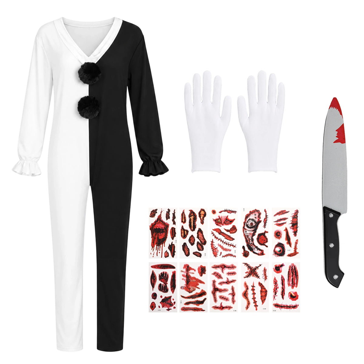 The Terrifier-inspired clown set includes a V-neck jumpsuit, white gloves, costume knife prop and scar stickers.