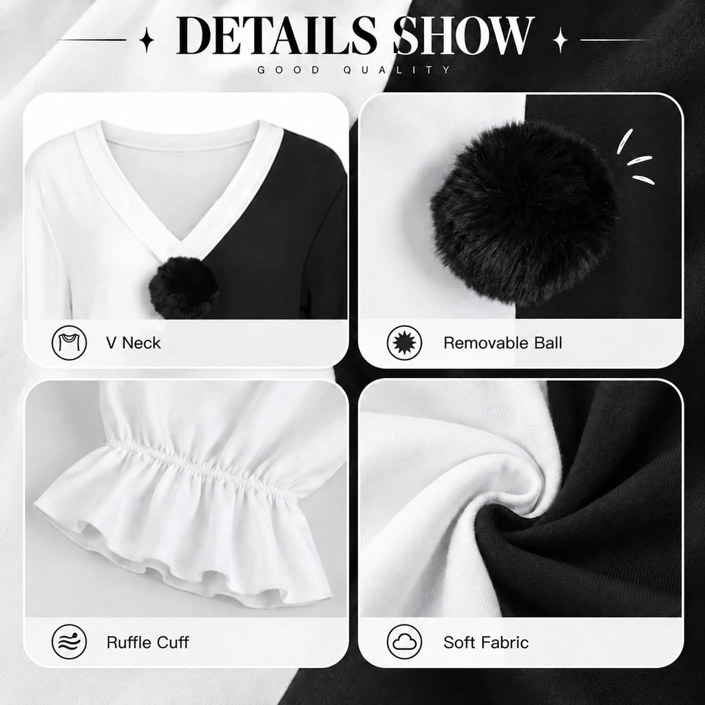 Close-ups show the Terrifier-inspired clown jumpsuit's V-neck, removable black pom-pom and ruffled cuff.