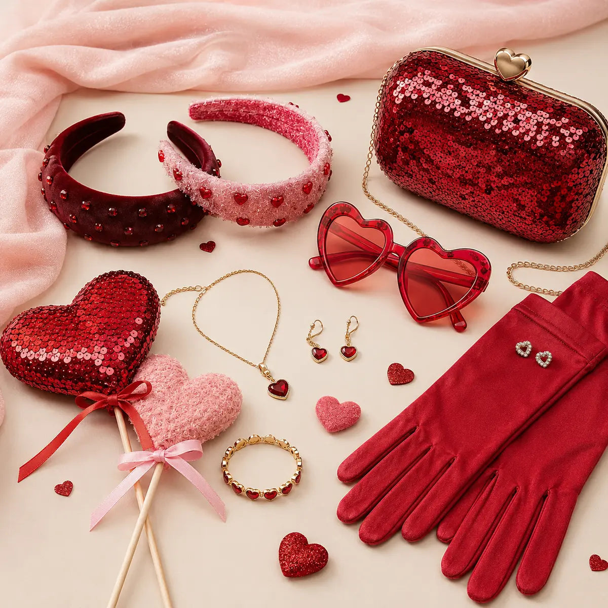 Valentine heart glasses, headbands, jewelry, gloves and photo props