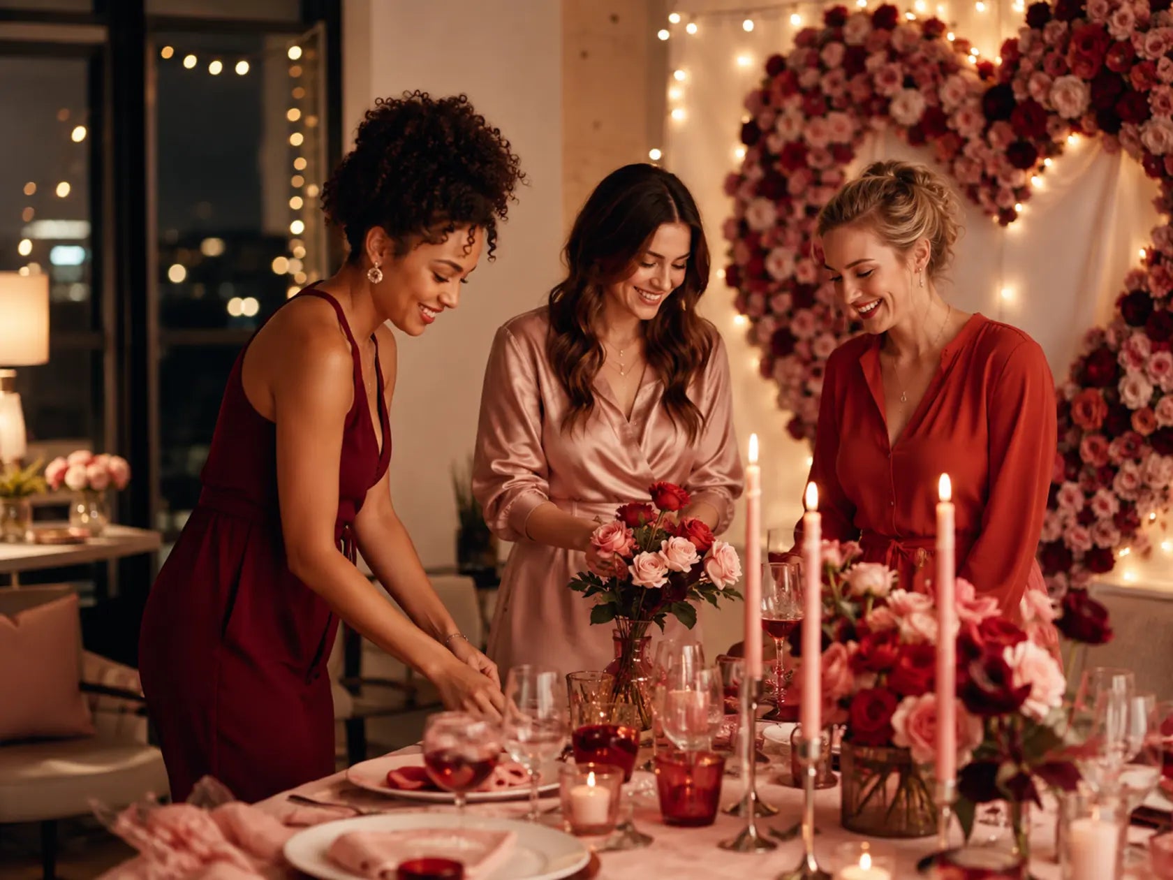 Friends preparing an elegant red and blush Valentine’s Day celebration