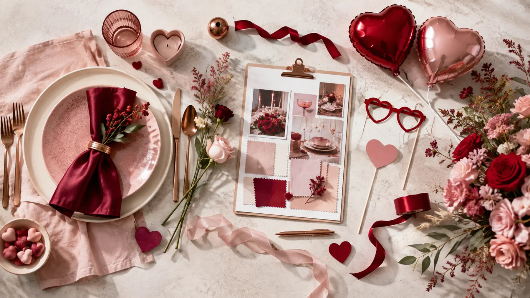 Valentine place setting, ribbons, heart accessories, flowers and celebration planning details