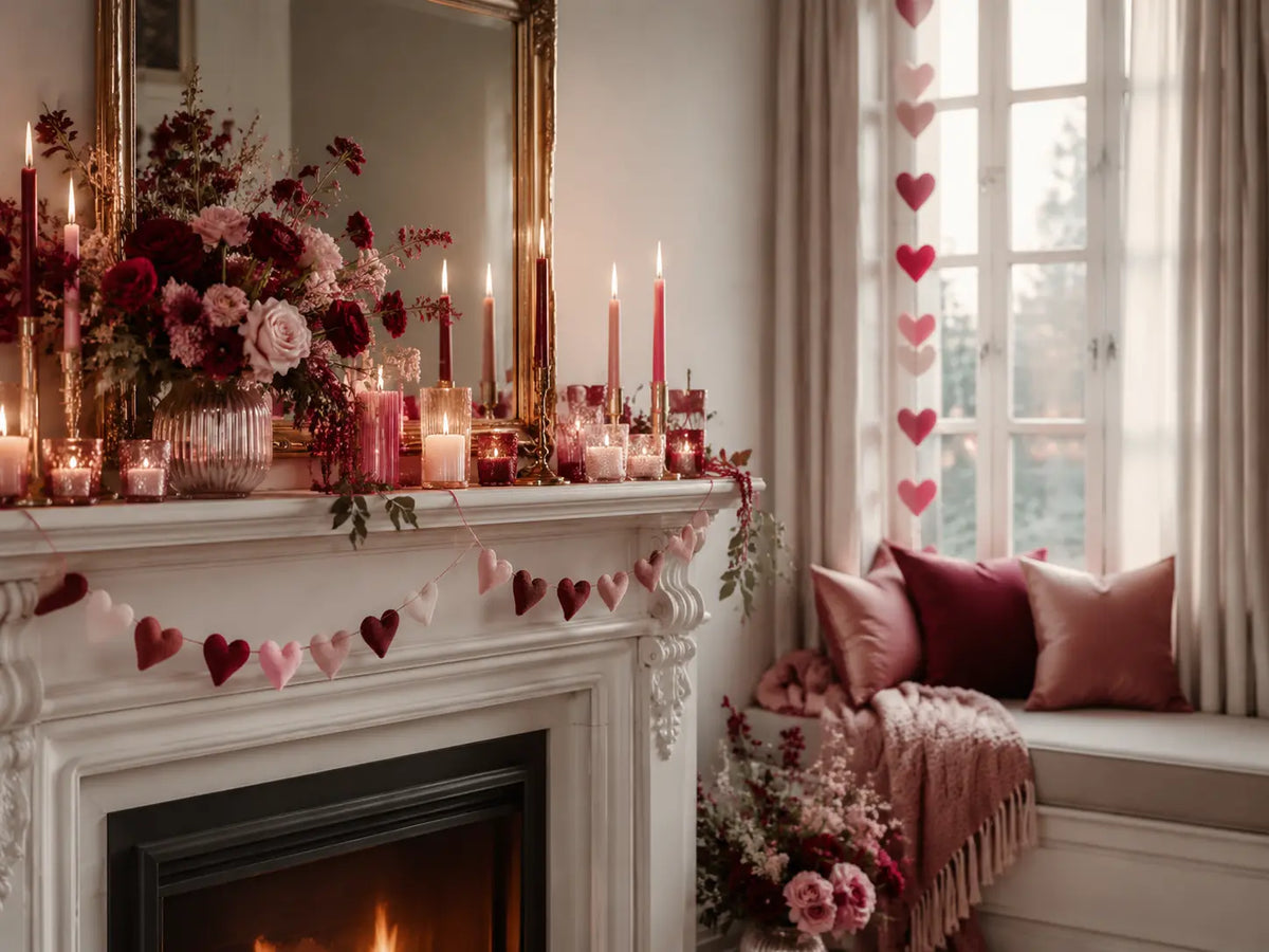 Valentine's mantel decorated with heart garlands, candles and flowers