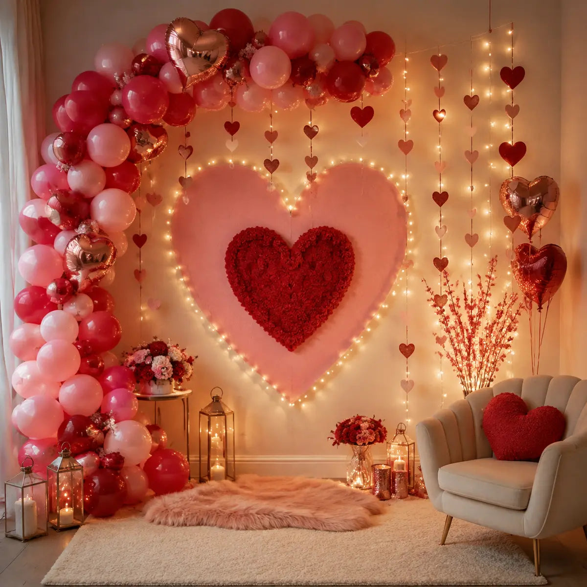 Valentine room decorated with a heart backdrop, balloon garland and warm lights