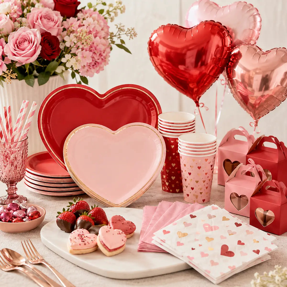 Red and blush Valentine tableware, heart balloons, napkins and favor boxes