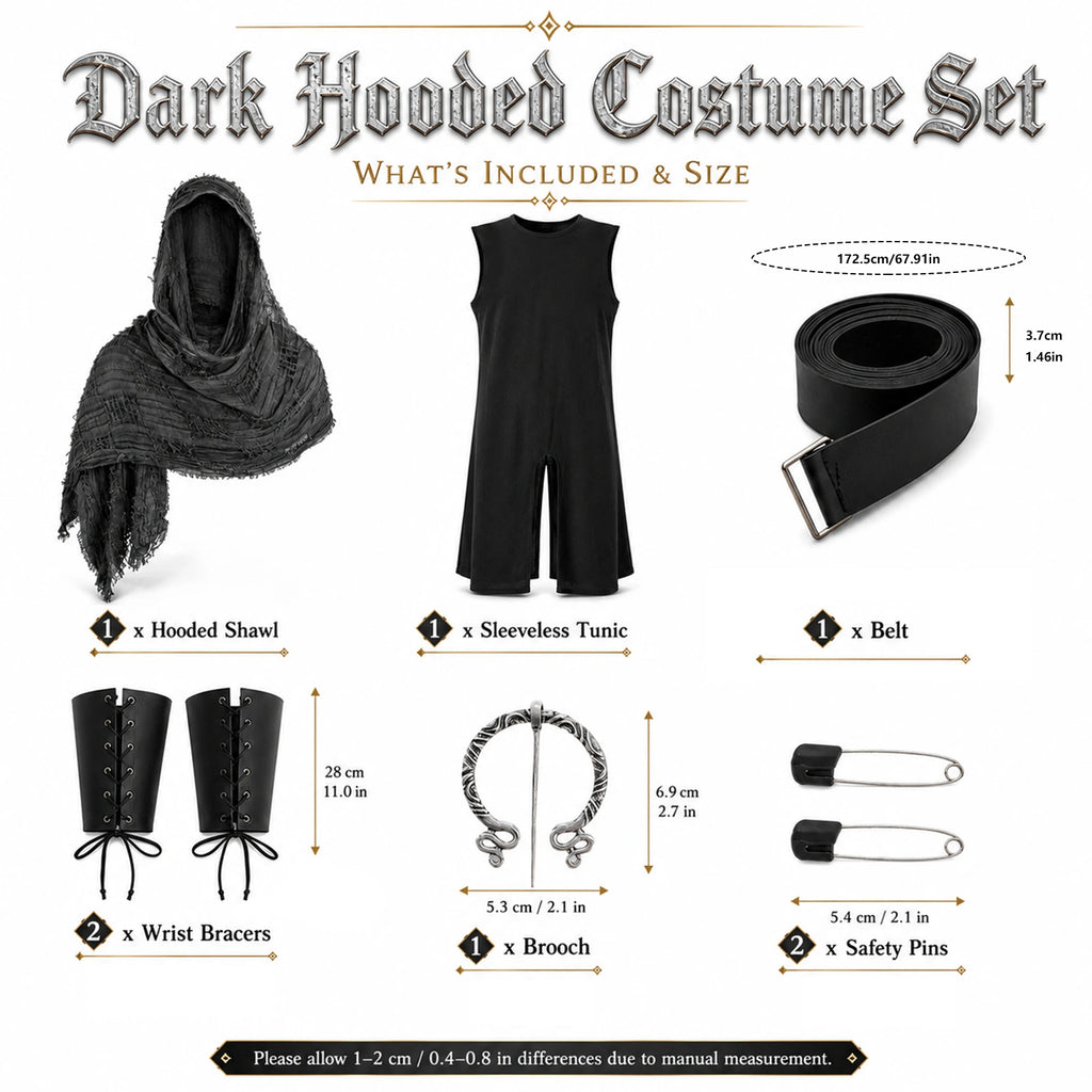 Included hooded shawl, tunic, belt, two wrist bracers, brooch and two safety pins with accessory dimensions.